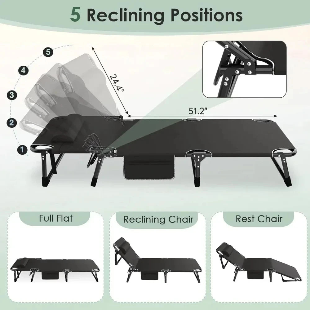3 in 1 Folding Camping Cot Bed, 5 Positions Adjustable Patio Chaise Chair, Portable Sleeping Cots for Adults Large Size