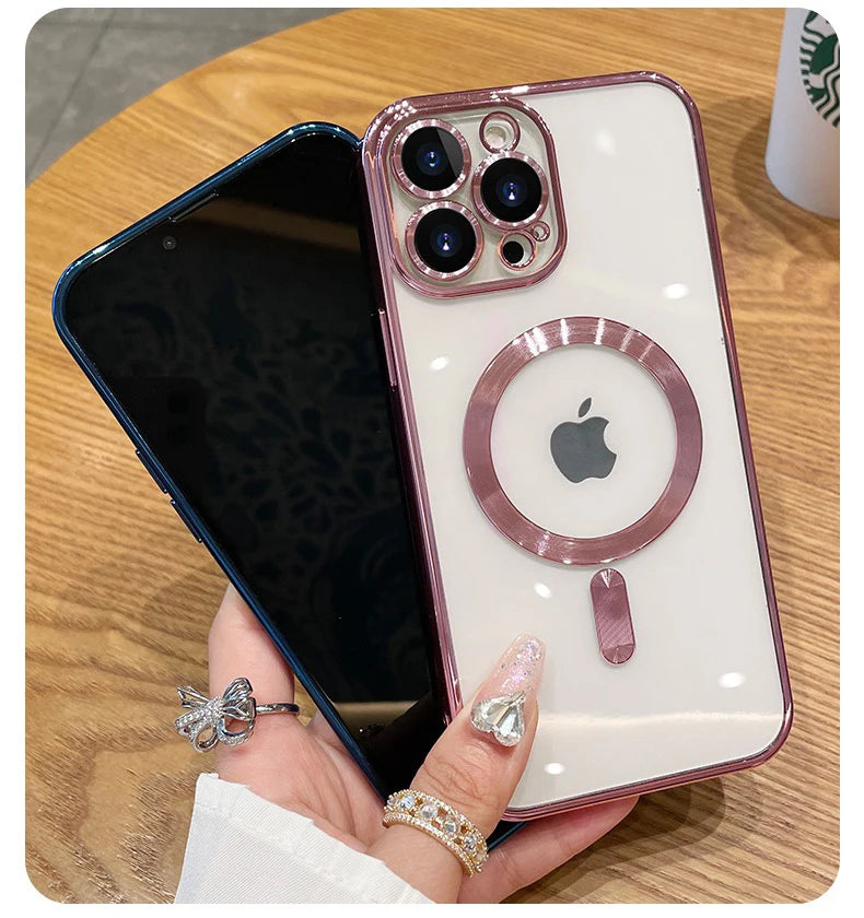 Magnetic Plating Case For iPhone 15 16 14 17 13 12 11 Pro Max Air Camera Lens Protector Glass For Magsafe Wireless Charger Cover