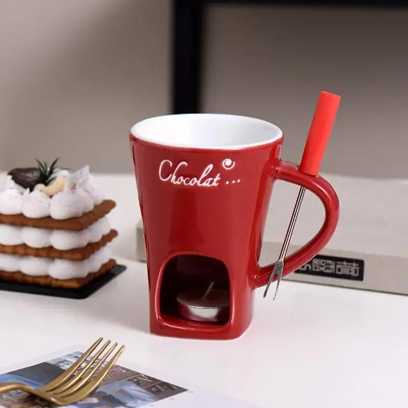 Ceramic Chocolate Hot Pot Cup, Gourmet Cheese Creative Coffee MUG Swiss Ice cream Christmas Party With Fork