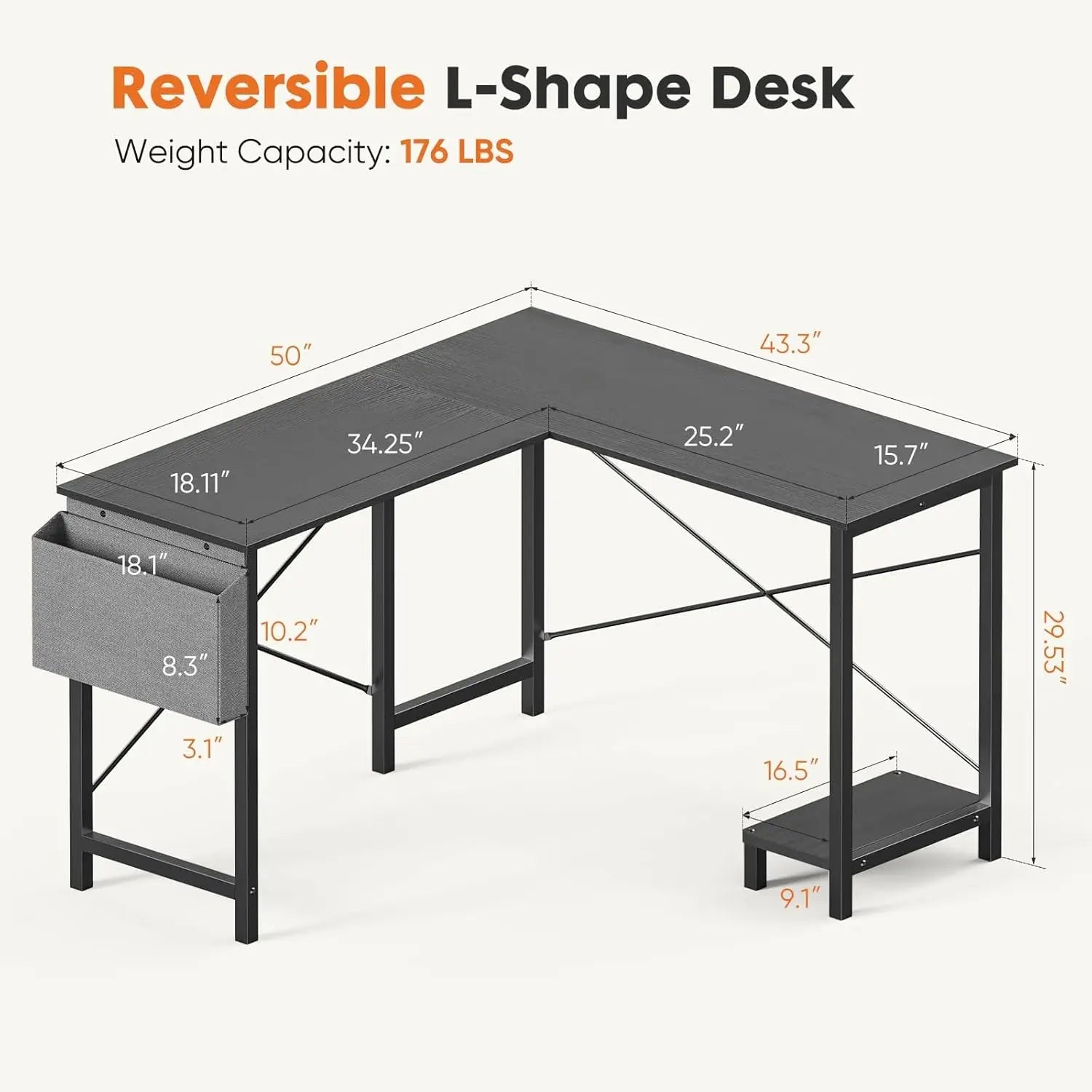 L-Shaped Gaming Desk with CPU Stand and Side Bag, Black, 50-Inch for Home Office Dorm