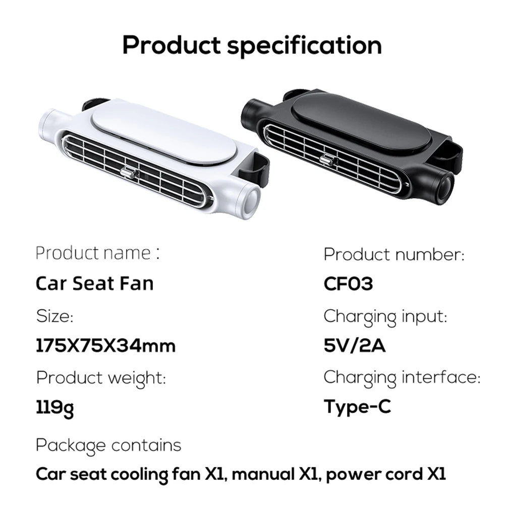 2-1pc Portable Car Seat Fan 3 Speeds Adjustable Car Seat Headrest Fan USB Powered Car Neck Cooler for Front Rear Seat Passenger