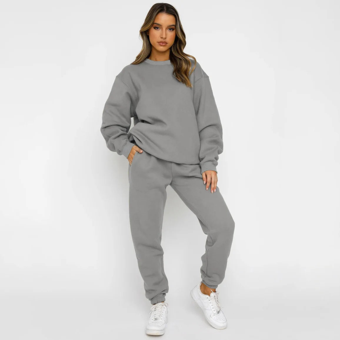 Осение Женские Костюмы Women's Winter Warm Suit Round Neck Solid Color Long Sleeve Pullover Sweatshirt Sweatpants Штаны Женские
