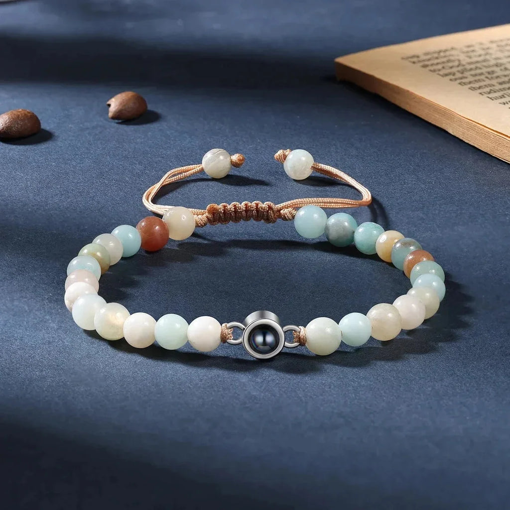 6mm Natrual Stone Custom Photo Projection Bracelet Personalized Beads Bracelets For Women Men Couples Anniversary Jewelry Gift