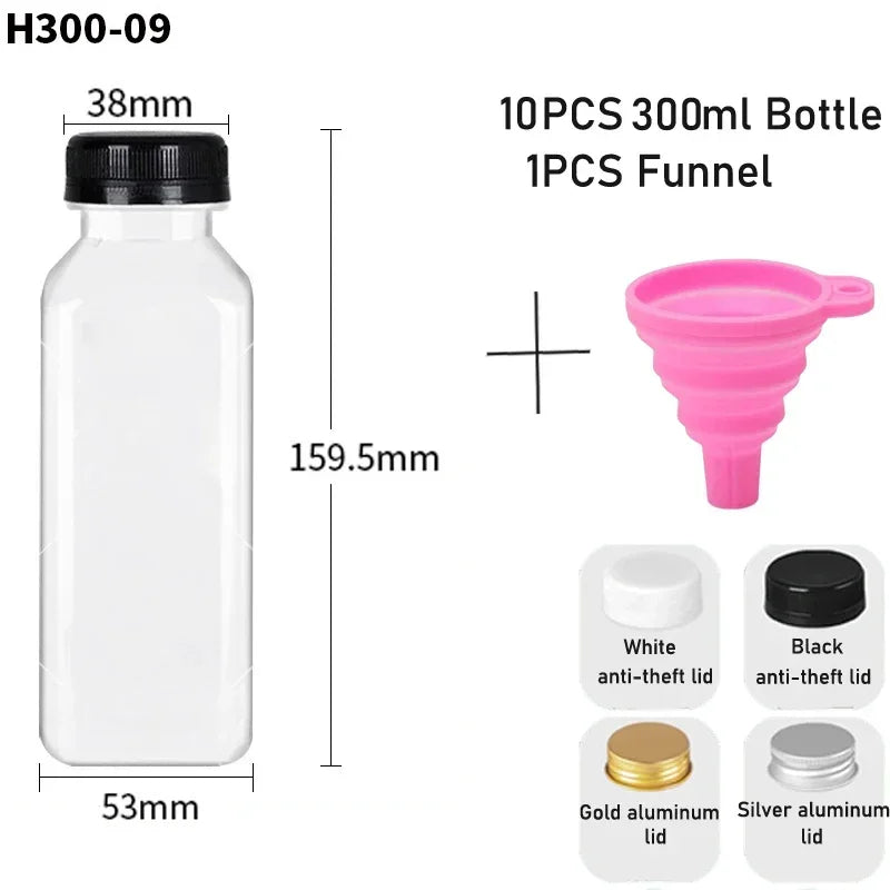 10pcs 60ML-500ML Clear Empty Plastic Juice Bottles with Caps Reusable Water Bottle Juicing Smoothie Containers W/ Funnel