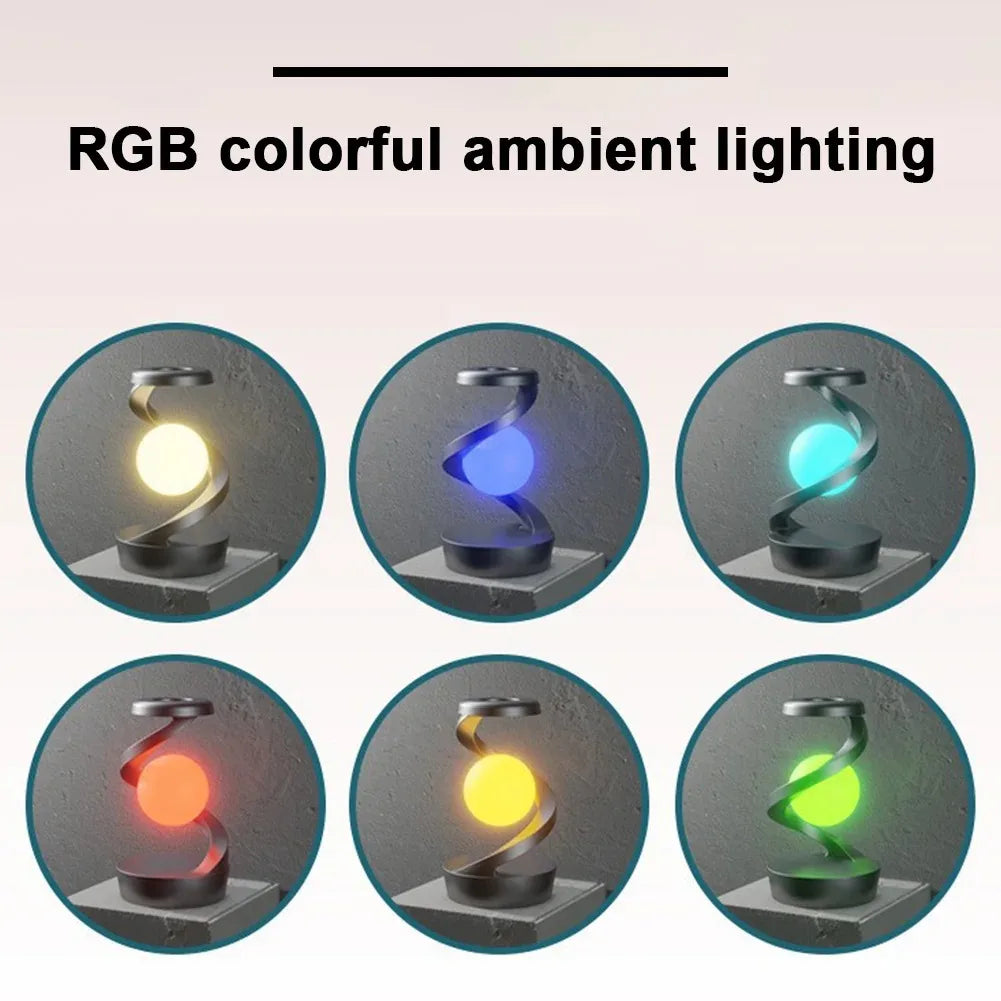 LED Moon Mood Light Suspended Rotating RGB Atmosphere Desk Lamp with Wireless Mobile Charging Bedroom Game Room Decorative Light