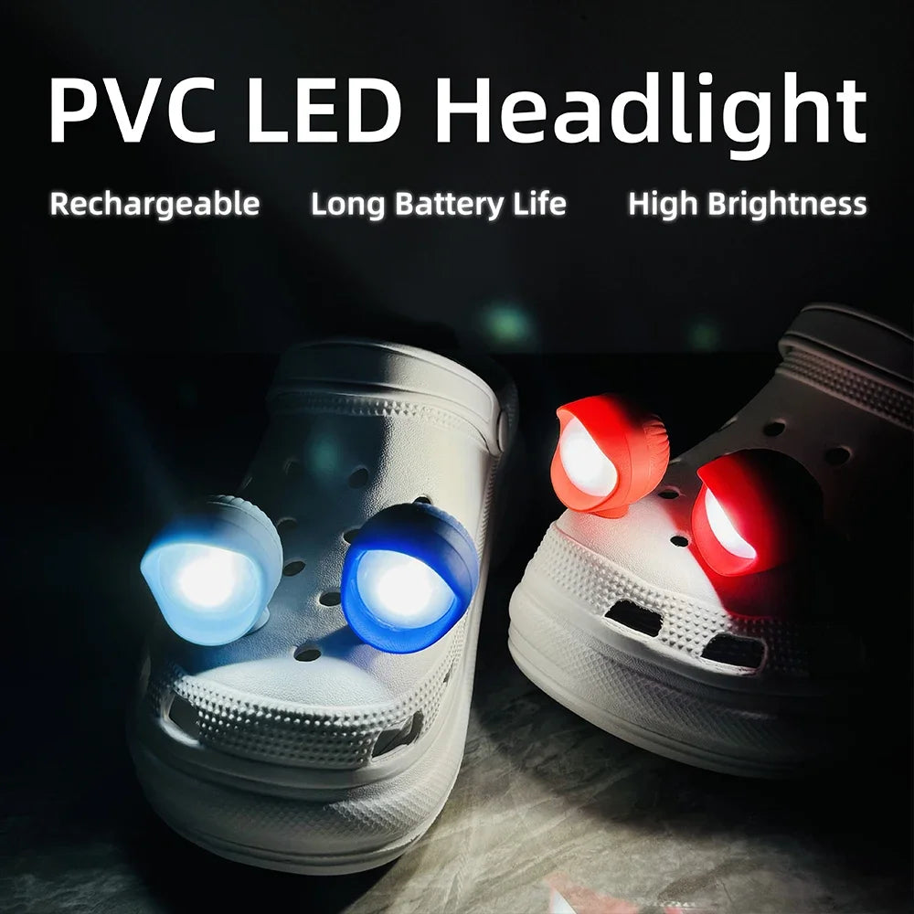 2pcs LED Shoe Lights Charms Upgrade Headlight Rechargeable for Night Walks Shoes Charms PVC Accessories, 3 Lighting Modes