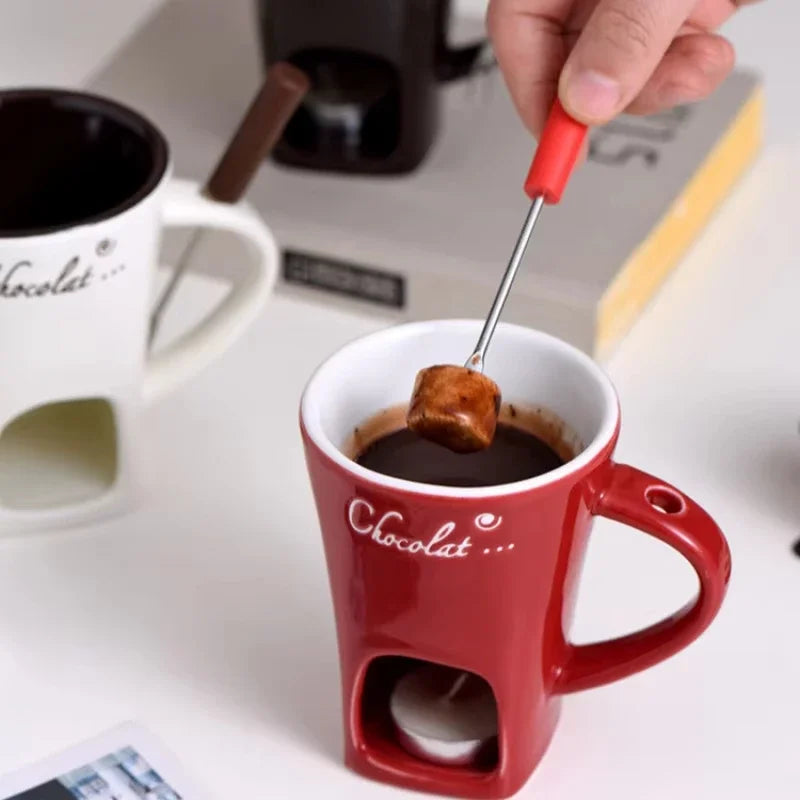 Ceramic Chocolate Hot Pot Cup, Gourmet Cheese Creative Coffee MUG Swiss Ice cream Christmas Party With Fork