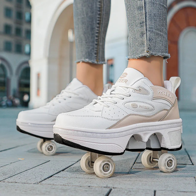 Kid Deform Roller Skate Shoes With 2/4 Wheels Runaway Parkour Deformation 4-Wheel Skates Sneakers For Women Men Youth Adult Gift