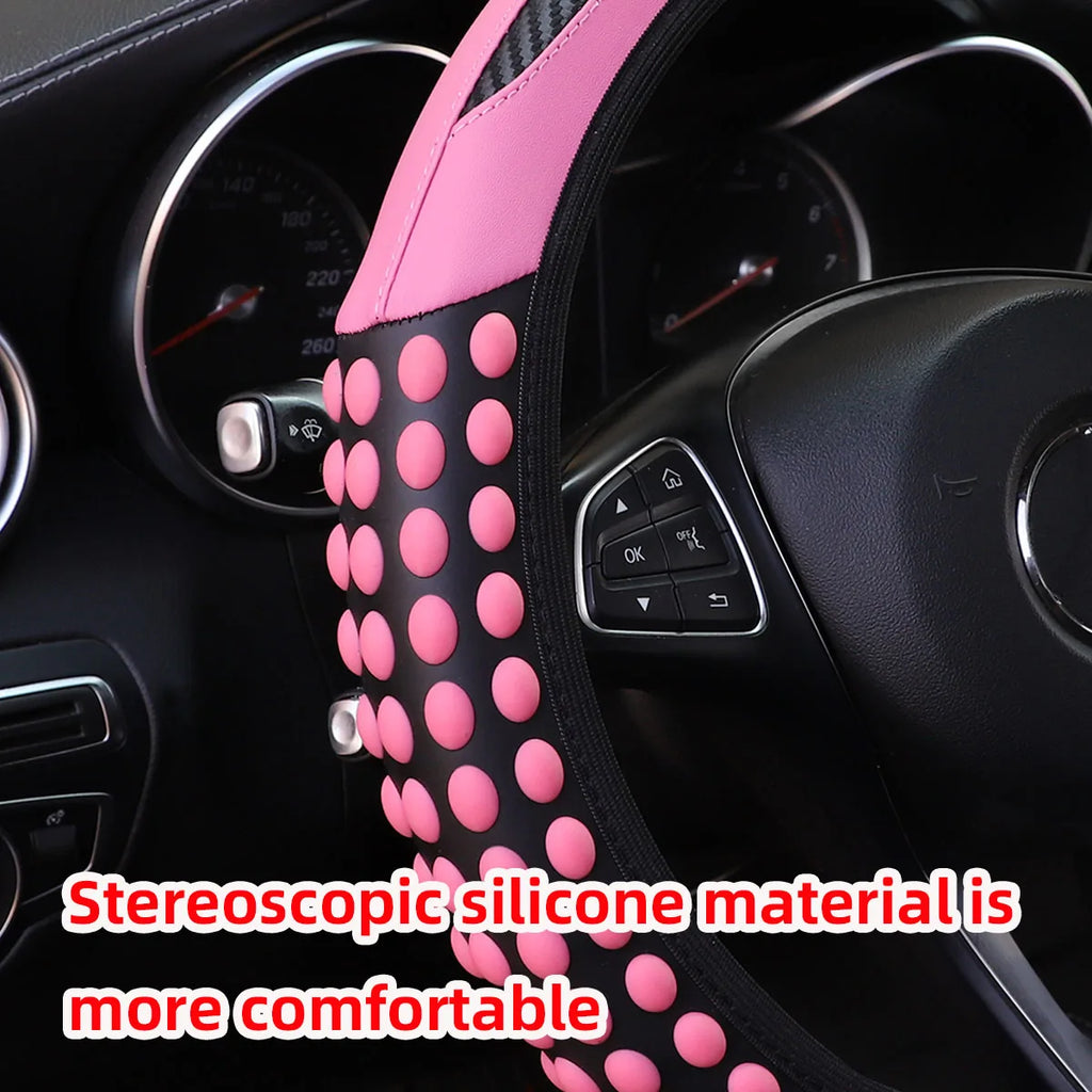 Automotive Products Carbon Tiny Silicone Massage Pellet Leather Steering Wheel Cover without Inner Ring Fits 14.5-15 Inches