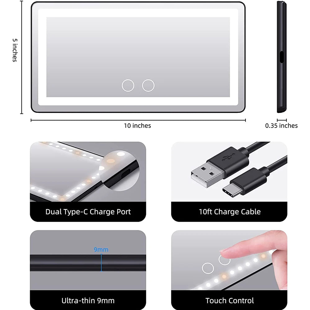 Car Sun Visor Vanity Mirror Cosmetic Mirror Rechargeable Makeup Mirror with 3 Light Modes 60 Leds Dimmable Clip-on Rear Wireless