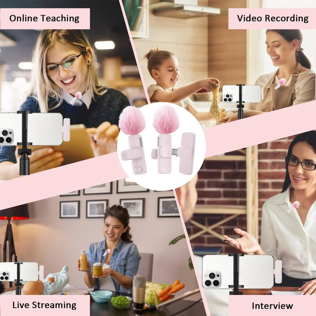 Pink &White K60 Wireless Lavalier Microphone for Smartphone,Clip On Lapel Mic Plug-Play Microphone for Video/Audio Recording