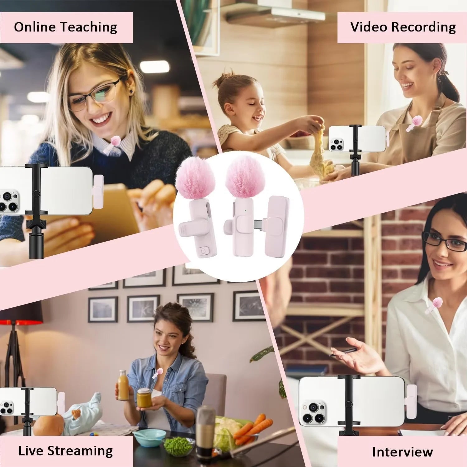 Pink &White K60 Wireless Lavalier Microphone for Smartphone,Clip On Lapel Mic Plug-Play Microphone for Video/Audio Recording