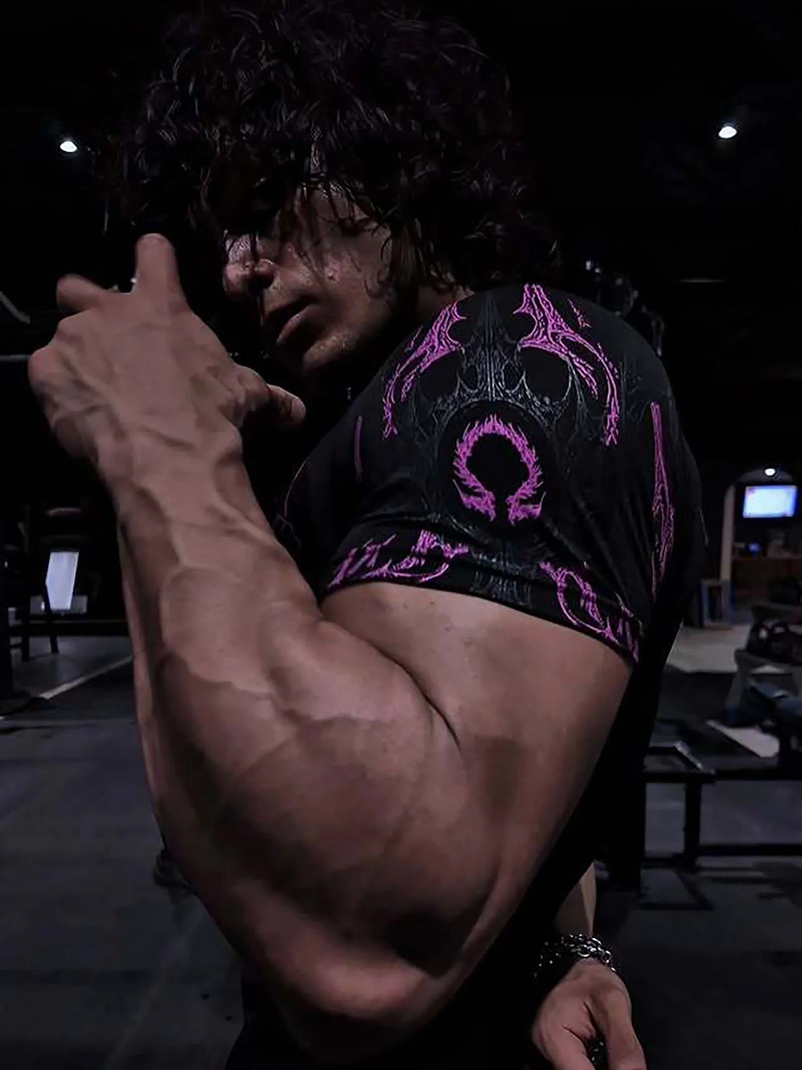 GYM T-shirt Men's Dark Gothic Print Muscle Tee  High Elasticity And Quick Drying Exercise For Bodybuilding Training 2025 Summer