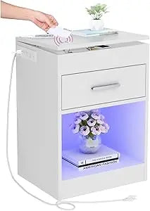 Nightstand with Charging Station and LED Lights, Concealment Furniture with RFID Lock Cabinet and Power Outlets, Bedside Table w