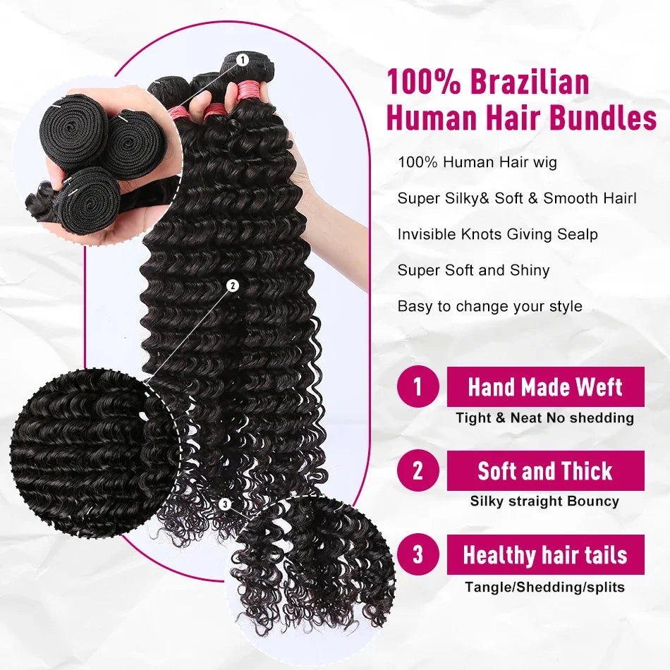 32 36 40 Inch Deep Wave Human Hair Bundles Brazilian Remy Unprocessed Weaving Curly Hair 1/2/3/4 Bundles Weave Extensions Deals