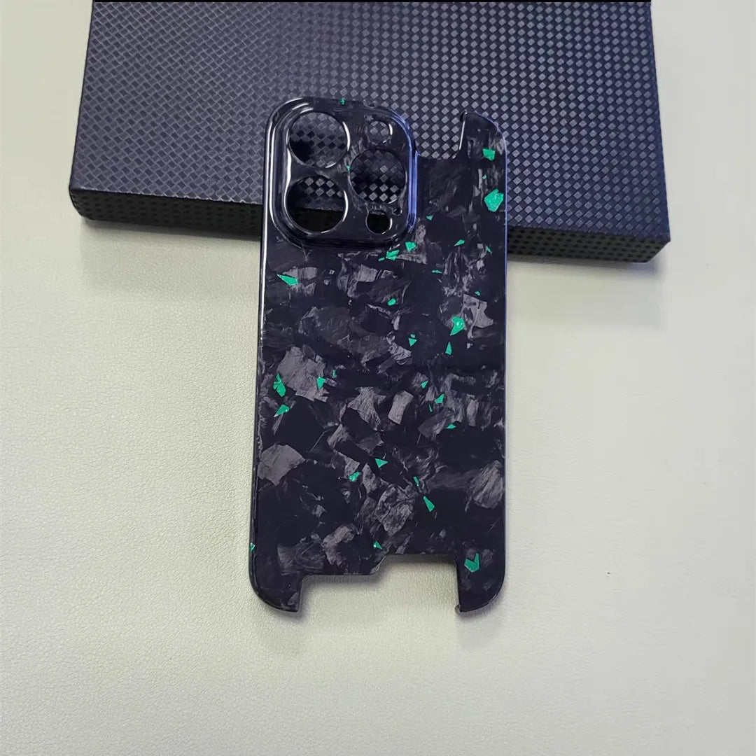 Glossy Forged Ultra Thin Genuine Pure Carbon Fiber Cover For iPhone 15 14 16 Pro Max Glitter Bling Irregular Shockproof Case