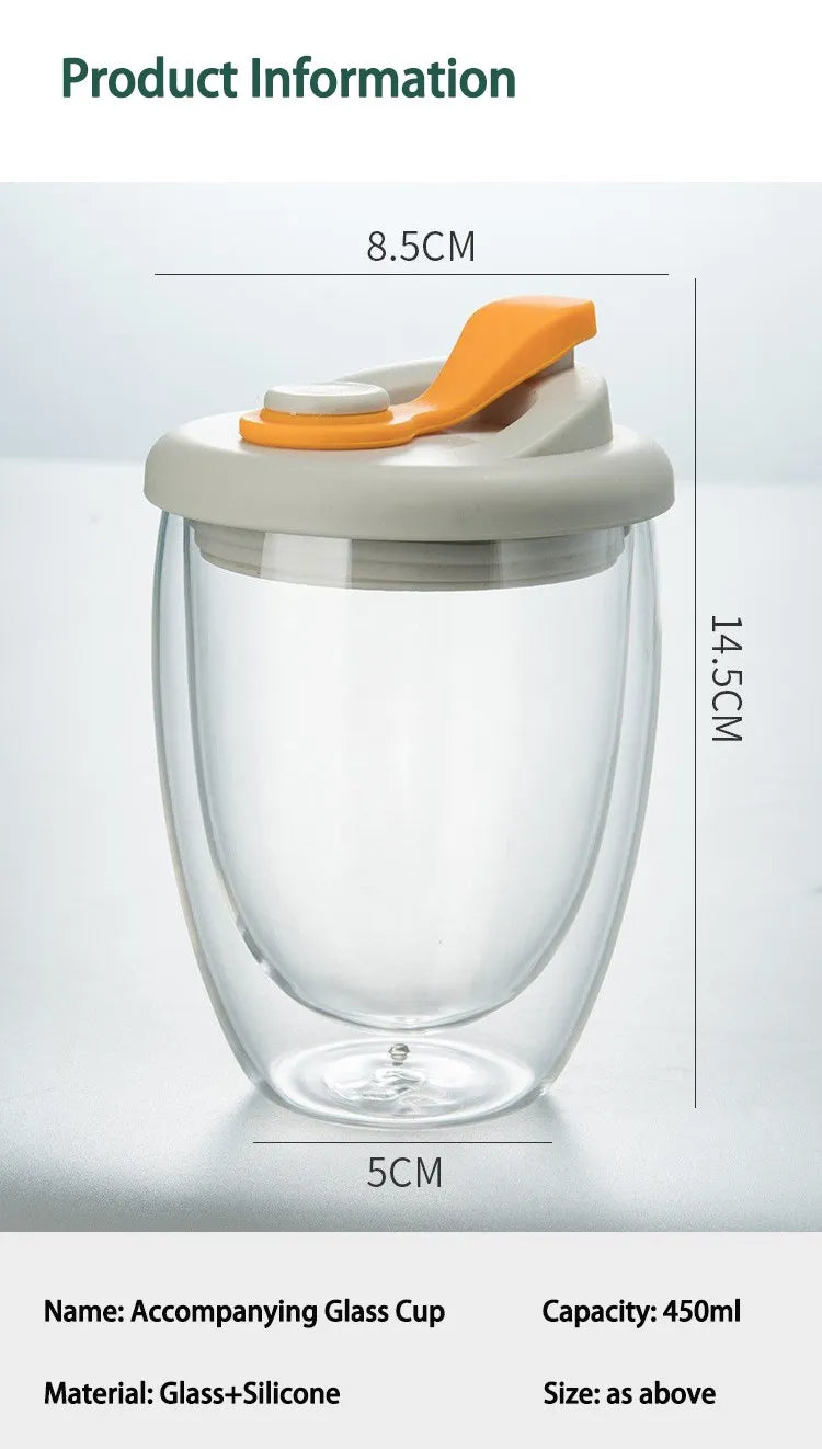 Cute Portable Water Cup Double Wall Glass Cup With Leak-Proof LidTransparent Insulated Coffee Cups Milk Tea Juice Mug Dinkware