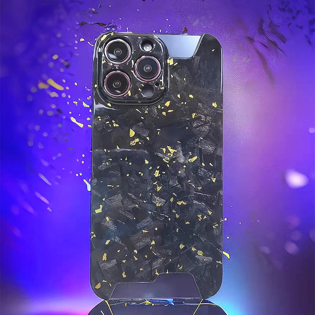 Glossy Forged Ultra Thin Genuine Pure Carbon Fiber Cover For iPhone 15 14 16 Pro Max Glitter Bling Irregular Shockproof Case