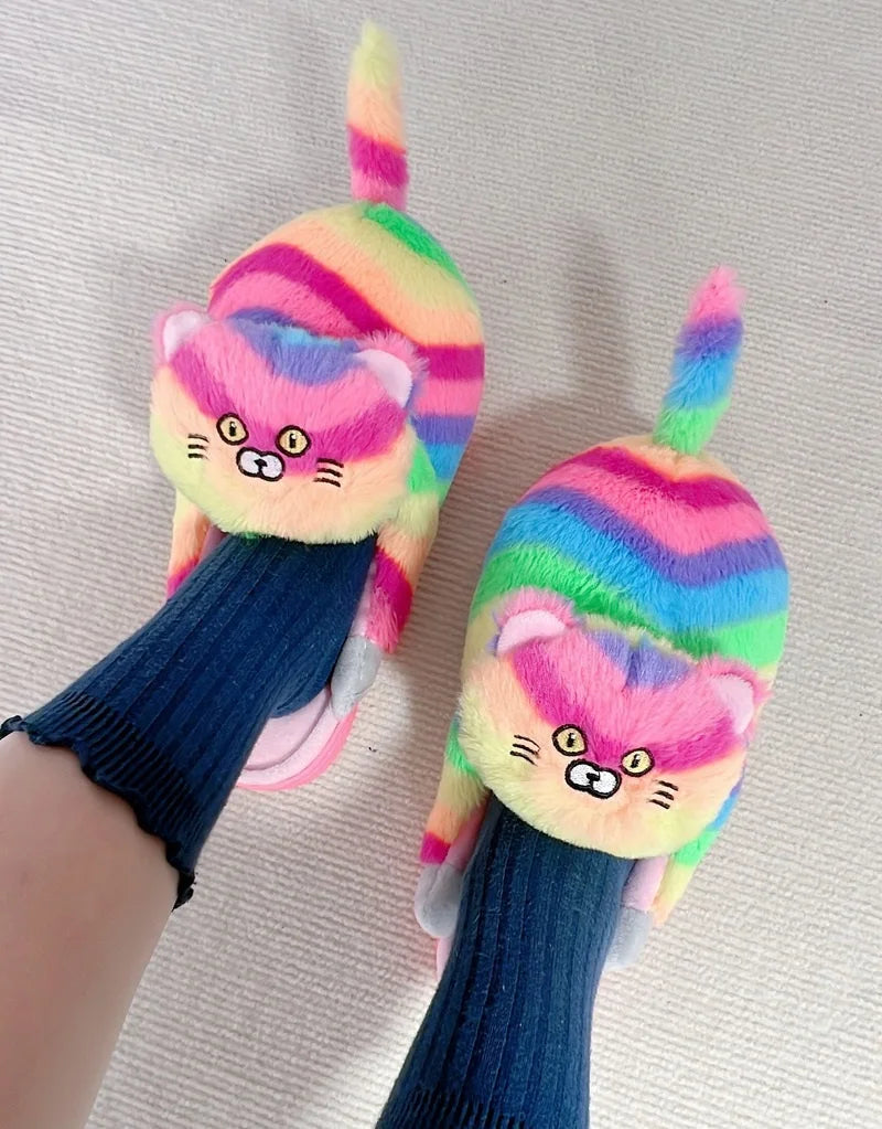 Cuddly Hug Cat Slippers Women Winter Home Fur Slides Kawaii Floor Shoes Furry Slippers Girl Kitty Mules Funny Cute Gift Slippers