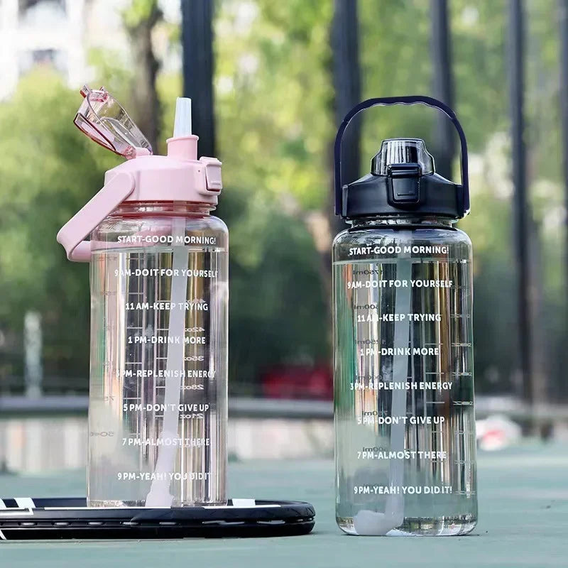 2 Liters Plastic Kettle Large Portable Travel Water Bottle with Straw Sports Fitness Cup High Value Big Fat Cup Adult Universal
