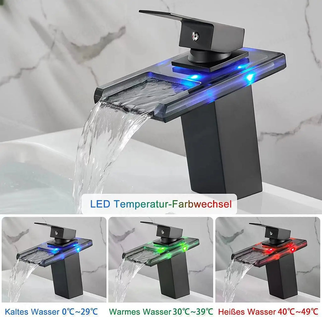 Luxury LED Color Changing Waterfall Basin Sink Faucet Led Light Polished Tap Basin Deck Mounted Sink Mixers 3 Colors Change