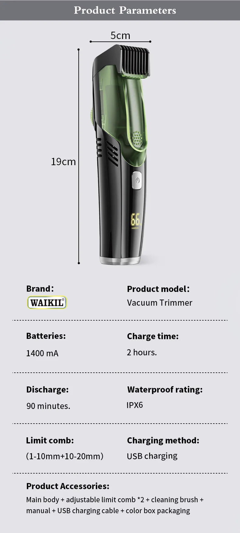 Vacuum Body Hair Trimmer for Men, Mustache Trimmer with 20 Length and Styles Adjustable, Built-in Vacuum Trimmer for Mustache