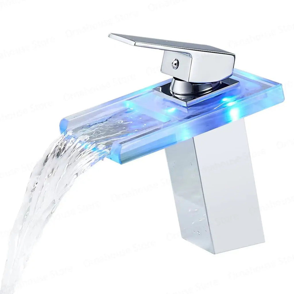 Luxury LED Color Changing Waterfall Basin Sink Faucet Led Light Polished Tap Basin Deck Mounted Sink Mixers 3 Colors Change