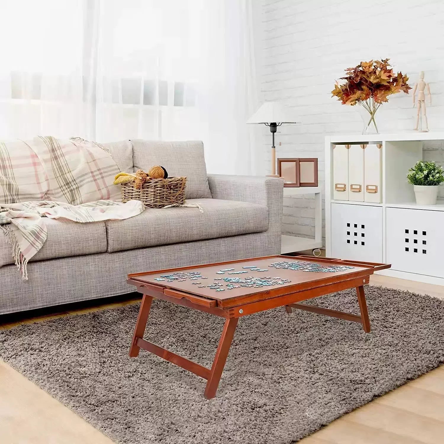 Wooden Puzzle Table Portable Folding Tilt Table with Easel Overall Adjustable Puzzle Storage Table