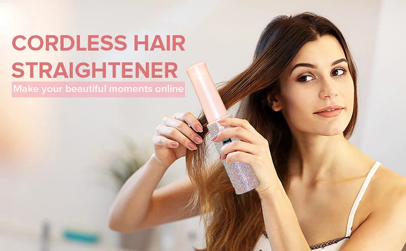 2-IN-1 Electric USB Hair Straightener Curler Fashion Colored Diamond  Design Wireless Travel Hair Straightening Styler Brush