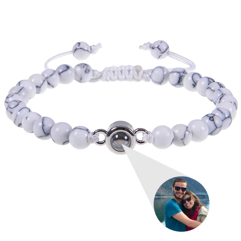 6mm Natrual Stone Custom Photo Projection Bracelet Personalized Beads Bracelets For Women Men Couples Anniversary Jewelry Gift