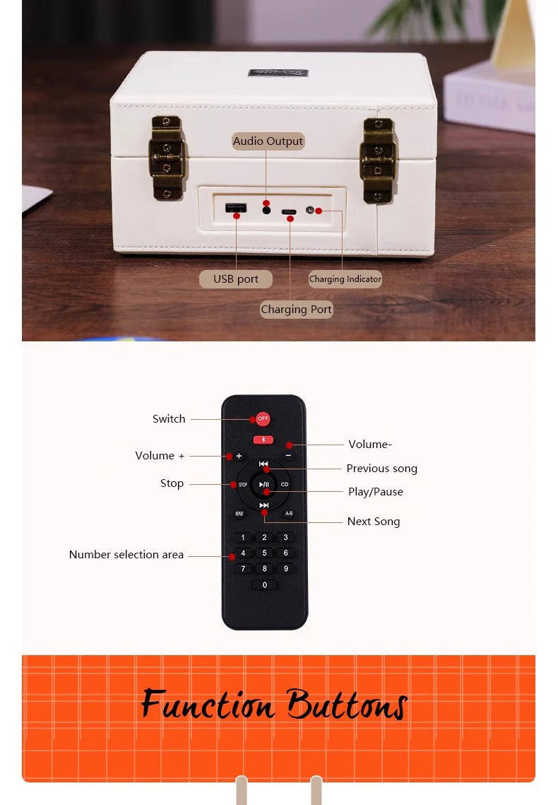 Vintage Leather CD Player Two-way Bluetooth 5.0 Built-in Speaker Portable Rechargeable CD Music Player USB Lossless Player