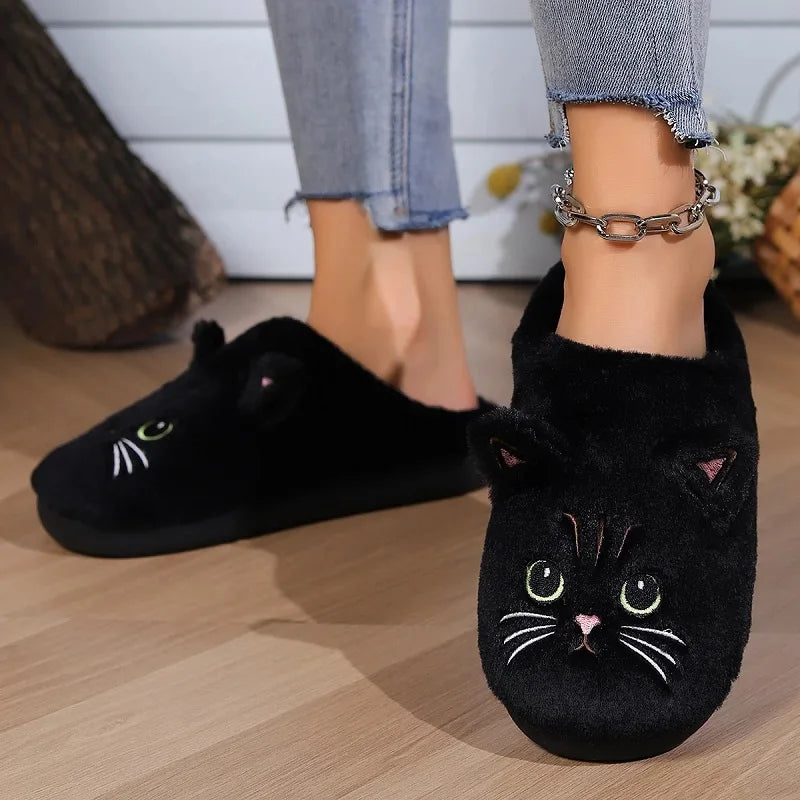 Cuddly Hug Cat Slippers Women Winter Home Fur Slides Kawaii Floor Shoes Furry Slippers Girl Kitty Mules Funny Cute Gift Slippers