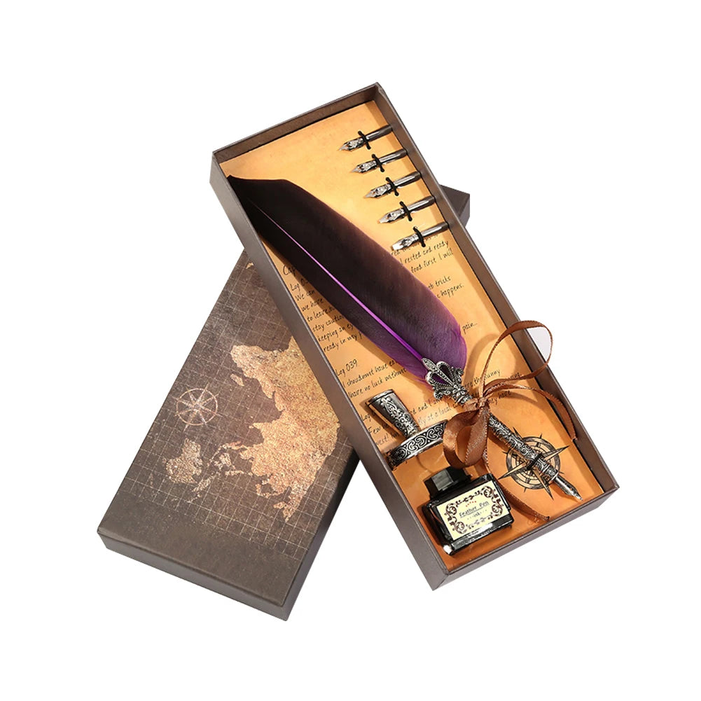 1 Set Retro Calligraphy Feather Dip Pen with 2 Nib Set Quill Fountain Writing Creative Vintage Stationery Gift Box no ink