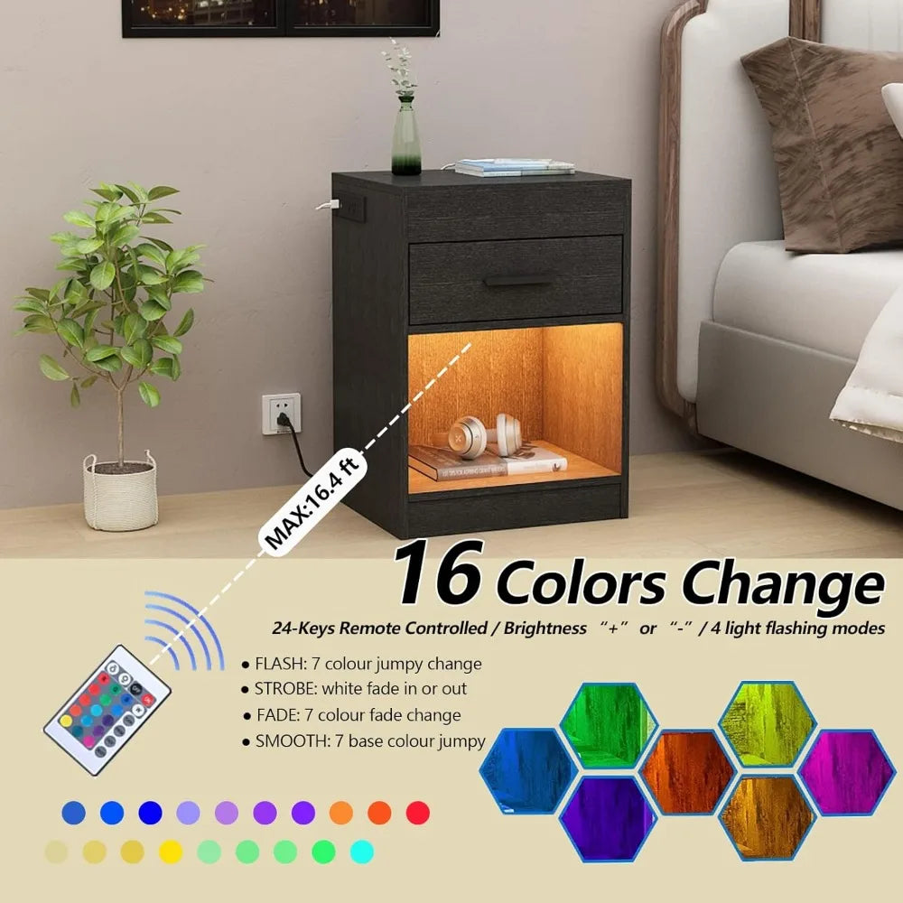 Nightstand with Charging Station and LED Lights, Concealment Furniture with RFID Lock Cabinet and Power Outlets, Bedside Table w