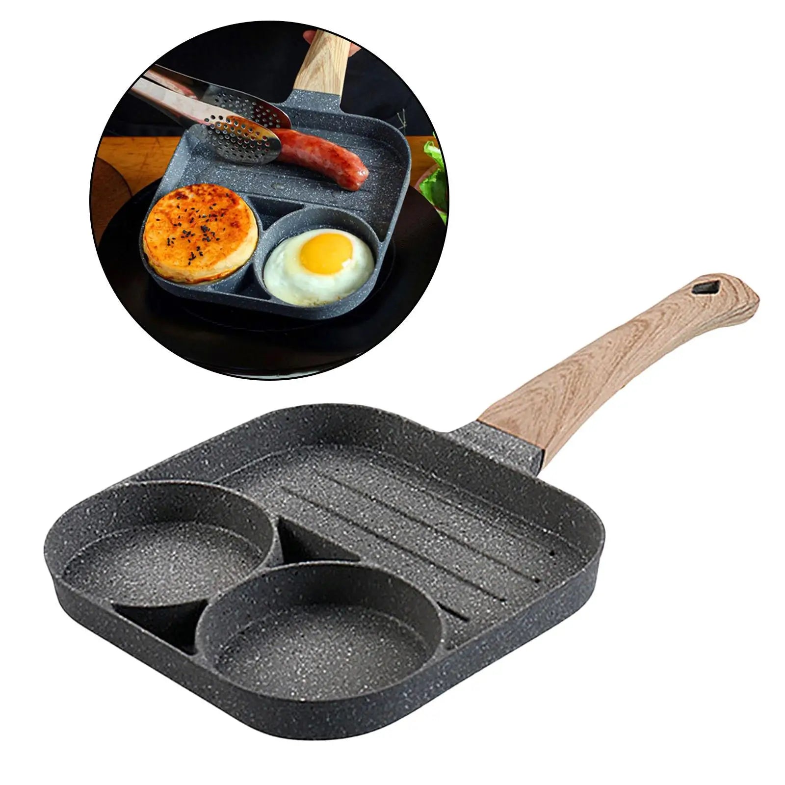 Egg Frying Pan Non Stick 3-Cup Burger Steak Pancake Sausage Omelet Breakfast Cooker Pan with Long Handle Cooking Tool