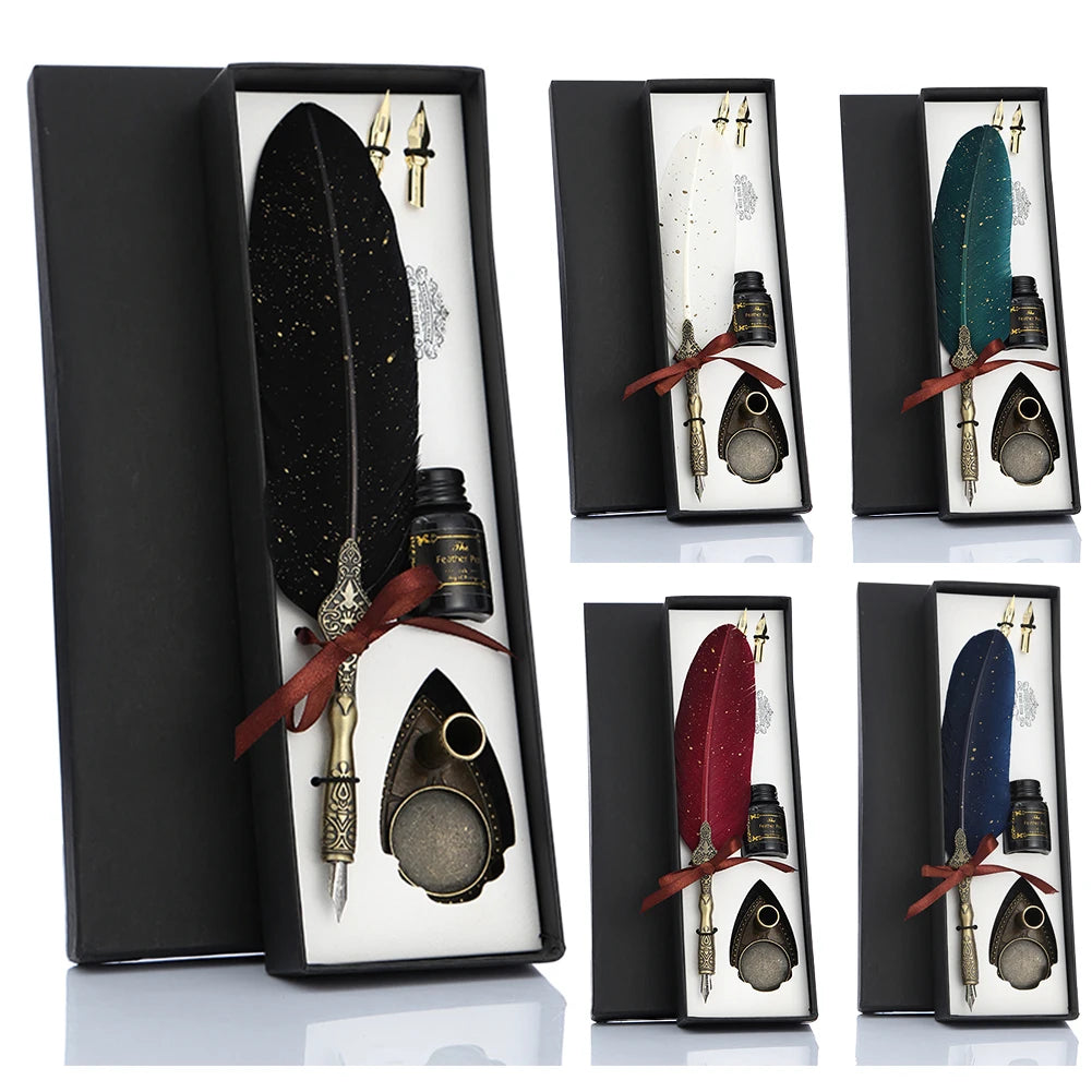 1 Set Retro Calligraphy Feather Dip Pen with 2 Nib Set Quill Fountain Writing Creative Vintage Stationery Gift Box no ink