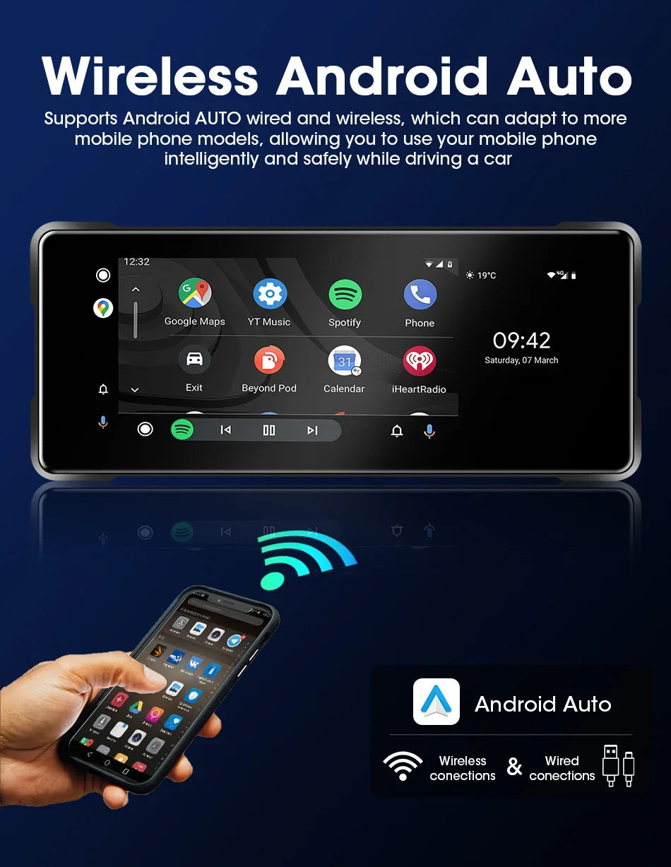 Srnubi 7 Inch Motorcycle Portable Navigation GPS Wireless Carplay Android Auto IP67 Waterproof Motorcycle Touch Screen Display