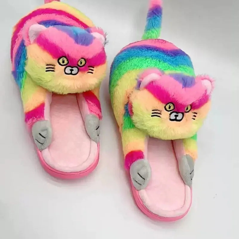 Cuddly Hug Cat Slippers Women Winter Home Fur Slides Kawaii Floor Shoes Furry Slippers Girl Kitty Mules Funny Cute Gift Slippers
