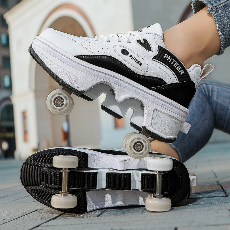 Kid Deform Roller Skate Shoes With 2/4 Wheels Runaway Parkour Deformation 4-Wheel Skates Sneakers For Women Men Youth Adult Gift
