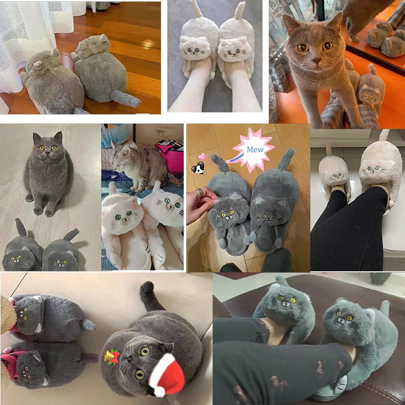 Cuddly Hug Cat Slippers Women Winter Home Fur Slides Kawaii Floor Shoes Furry Slippers Girl Kitty Mules Funny Cute Gift Slippers
