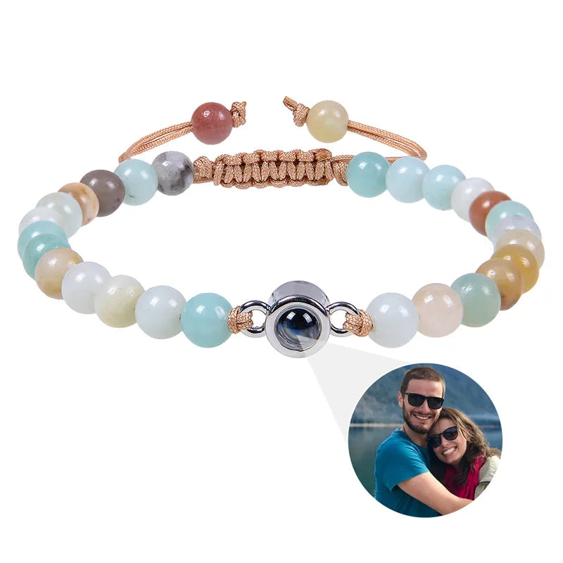 6mm Natrual Stone Custom Photo Projection Bracelet Personalized Beads Bracelets For Women Men Couples Anniversary Jewelry Gift