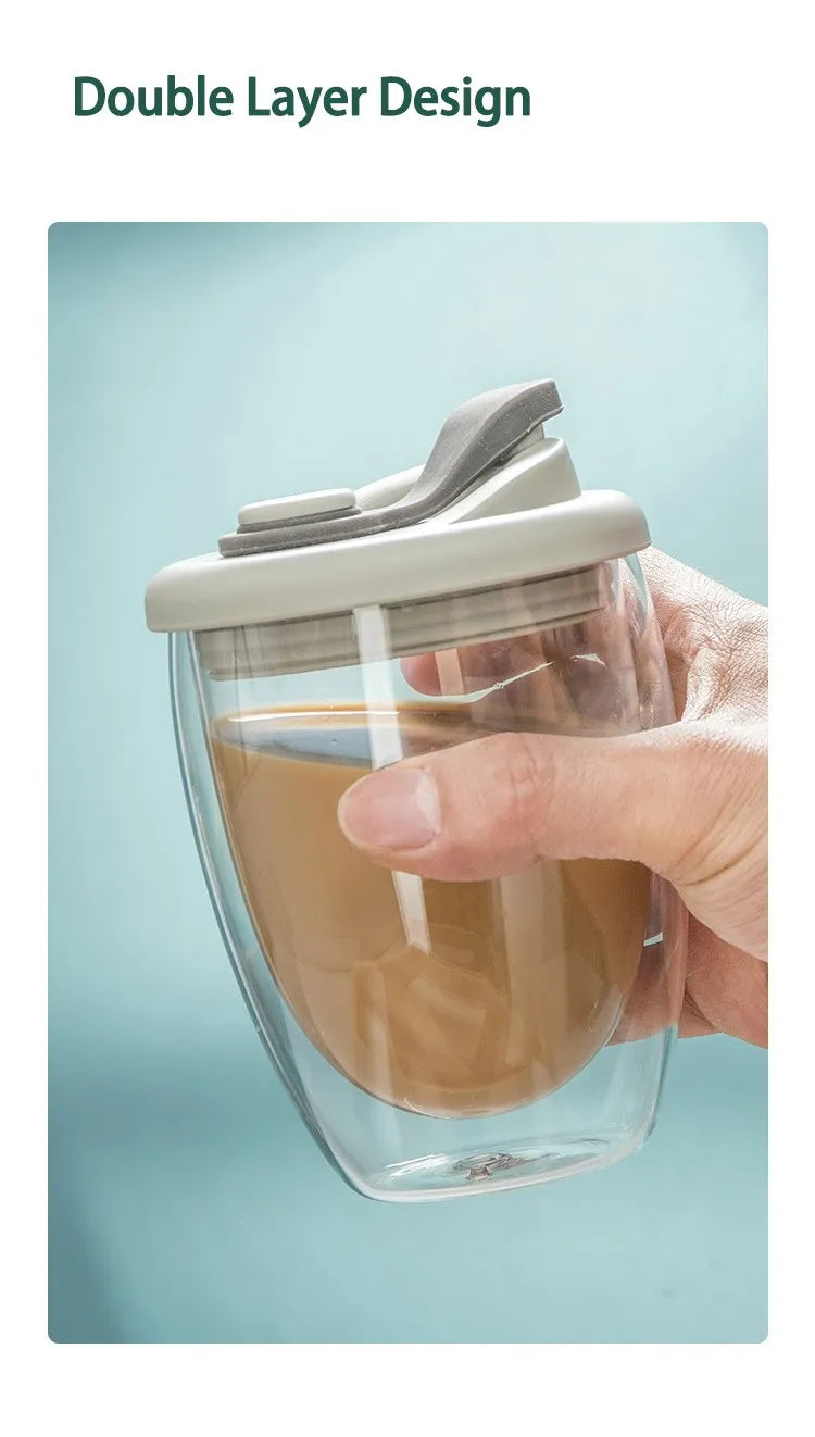 Cute Portable Water Cup Double Wall Glass Cup With Leak-Proof LidTransparent Insulated Coffee Cups Milk Tea Juice Mug Dinkware