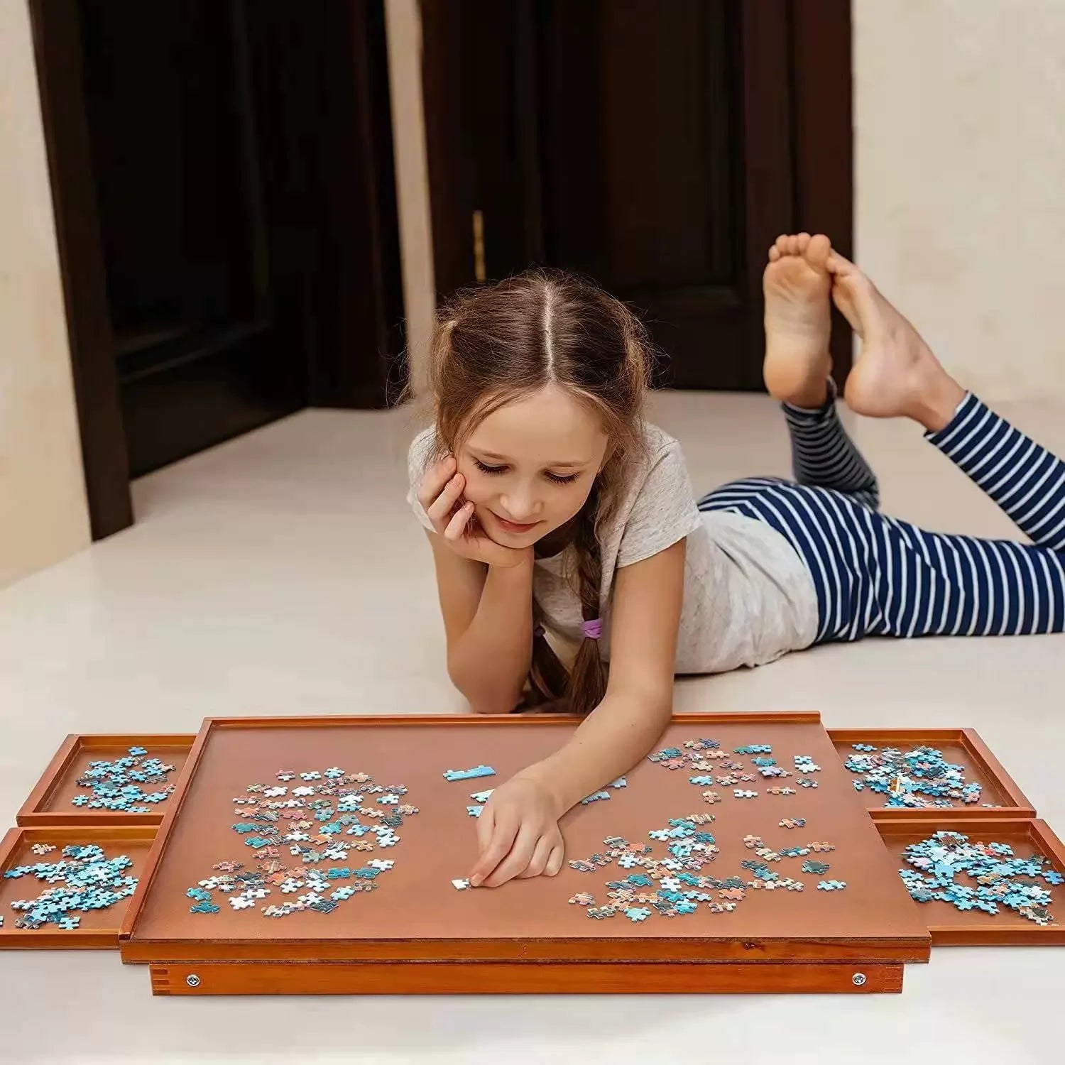 Wooden Puzzle Table Portable Folding Tilt Table with Easel Overall Adjustable Puzzle Storage Table
