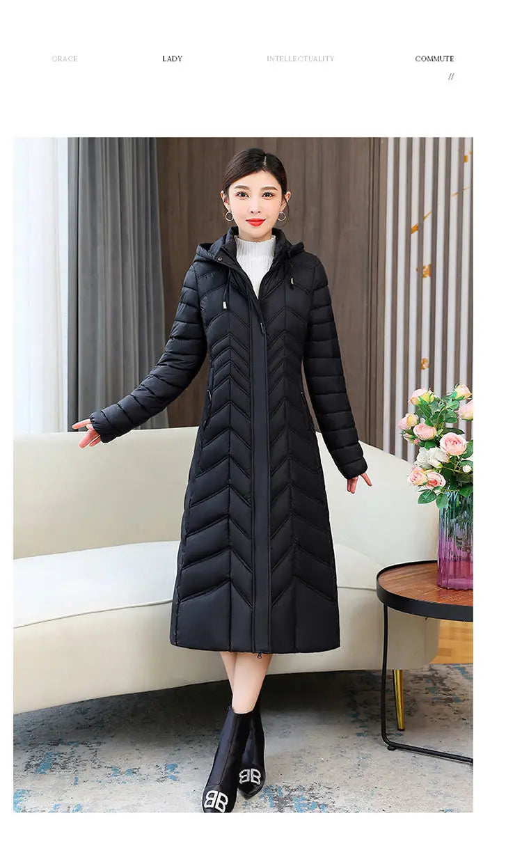 2025 NEW Winter Hooded Down Jacket 5XL Women's Warm Parka Fashion Down Cotton Women Long Coat Slim Temperament Female Overcoat