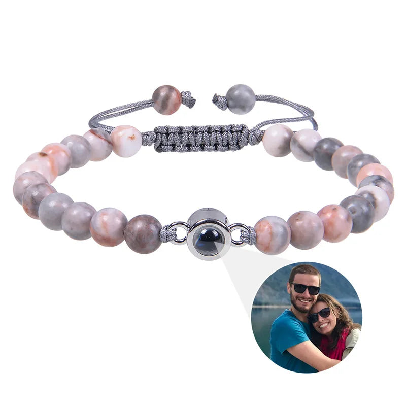 6mm Natrual Stone Custom Photo Projection Bracelet Personalized Beads Bracelets For Women Men Couples Anniversary Jewelry Gift