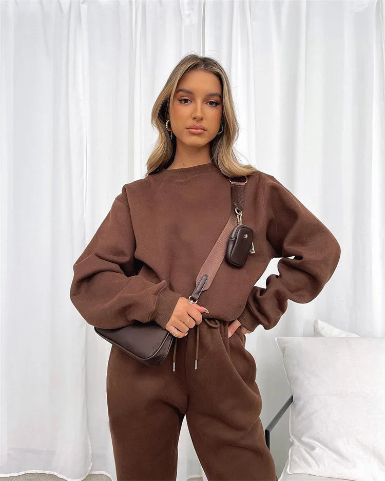 Осение Женские Костюмы Women's Winter Warm Suit Round Neck Solid Color Long Sleeve Pullover Sweatshirt Sweatpants Штаны Женские