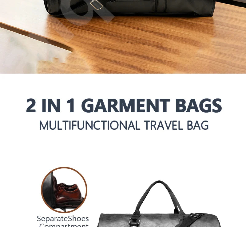 2025 New Men's Large Capacity Leather Waterproof Weekend Travel Business Convertible Suit Bag 2 in 1 Hand Carry-on Luggage Bag