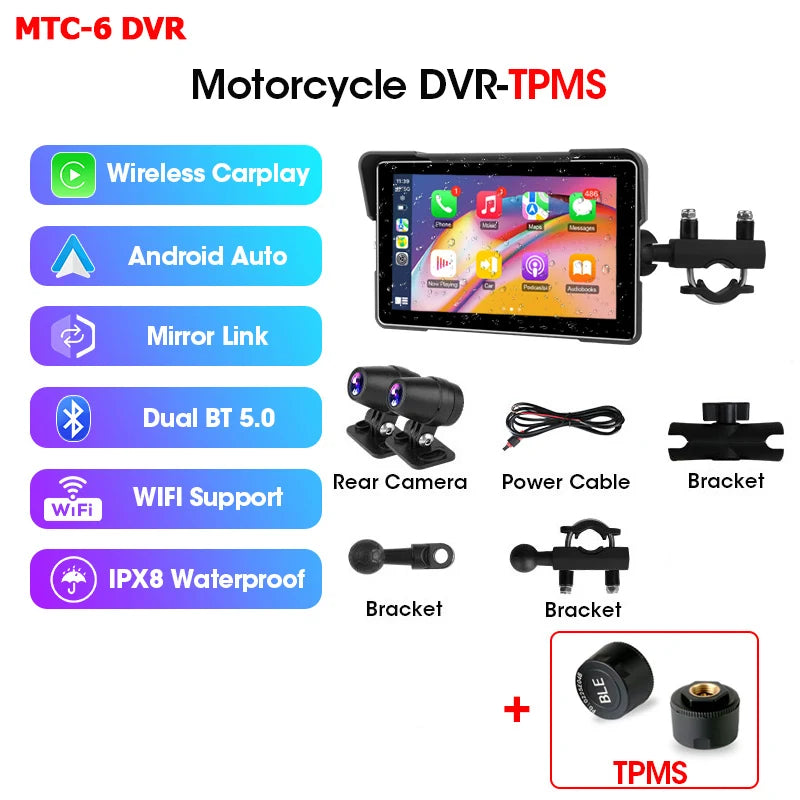 Srnubi 7 Inch Motorcycle Portable Navigation GPS Wireless Carplay Android Auto IP67 Waterproof Motorcycle Touch Screen Display