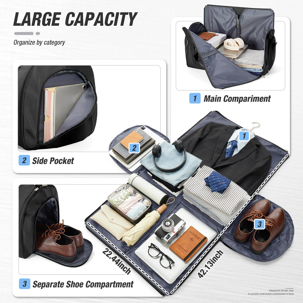 Foldable Convertible Garment Duffle Bag for Travel - 2-in-1 Hanging Suit Organizer & Carry-On Duffel Luggage Business Travel Bag