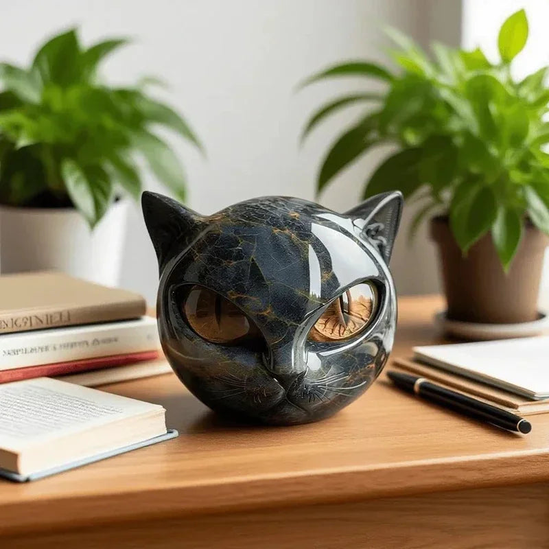 Black Cat Stone Figurine Resin Cat Head Healing Stone Marble Texture Cat Stone Keepsake Gift Home Office Desktop Decoration 2025
